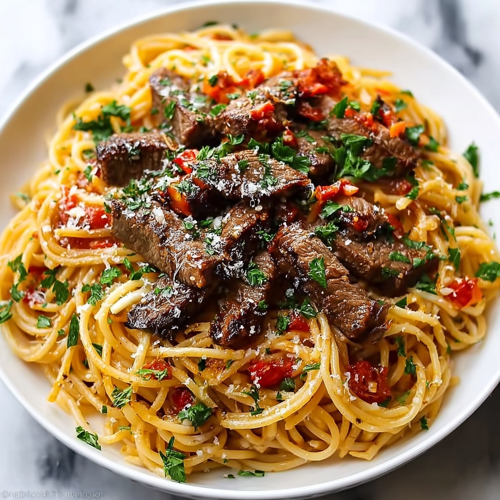 Sweet and Spicy Garlic Steak Pasta Recipe - Recipe Image