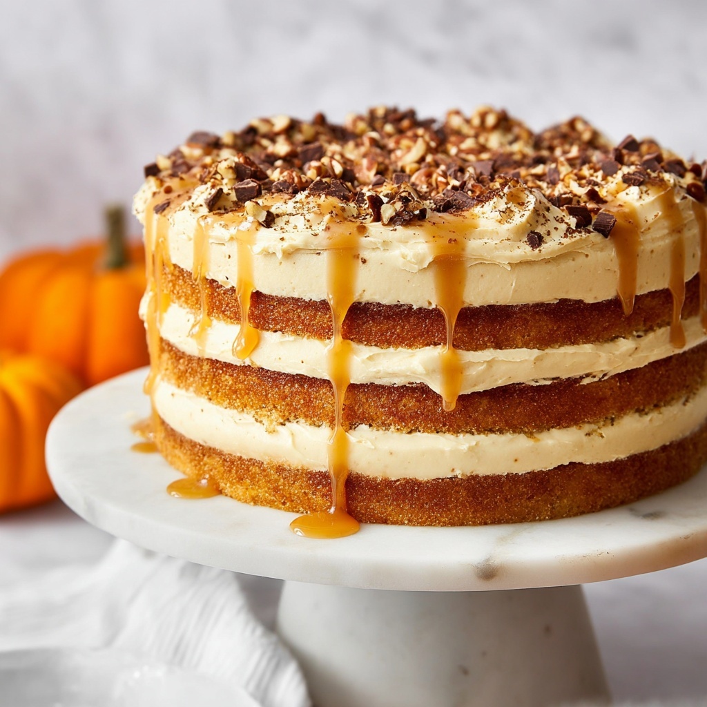 Pumpkin Torte with Pumpkin Spice Cream Cheese Frosting and Toffee Caramel Topping Recipe - Recipe Image