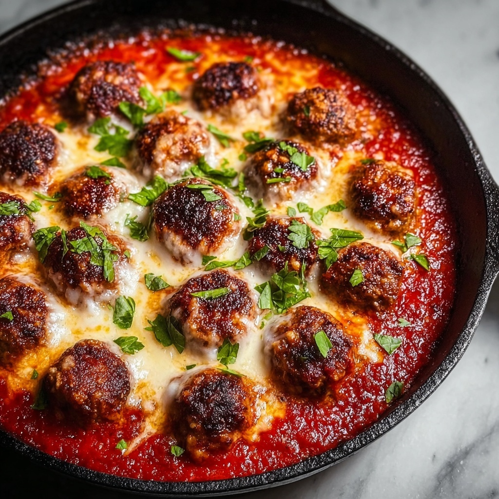 Cheesy One Skillet Italian Baked Meatballs Recipe - Recipe Image