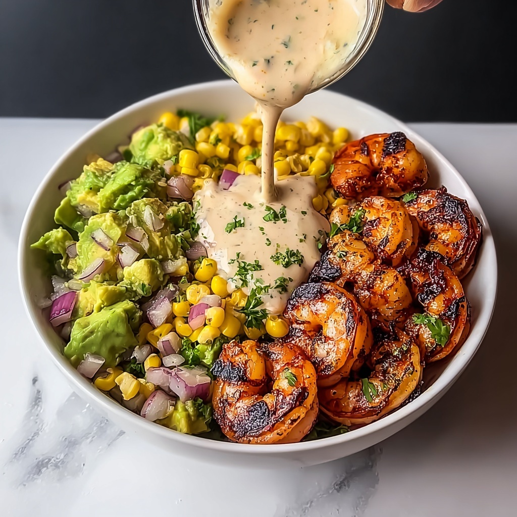Grilled Shrimp Bowl with Avocado, Corn Salsa & Creamy Garlic Sauce Recipe - Recipe Image
