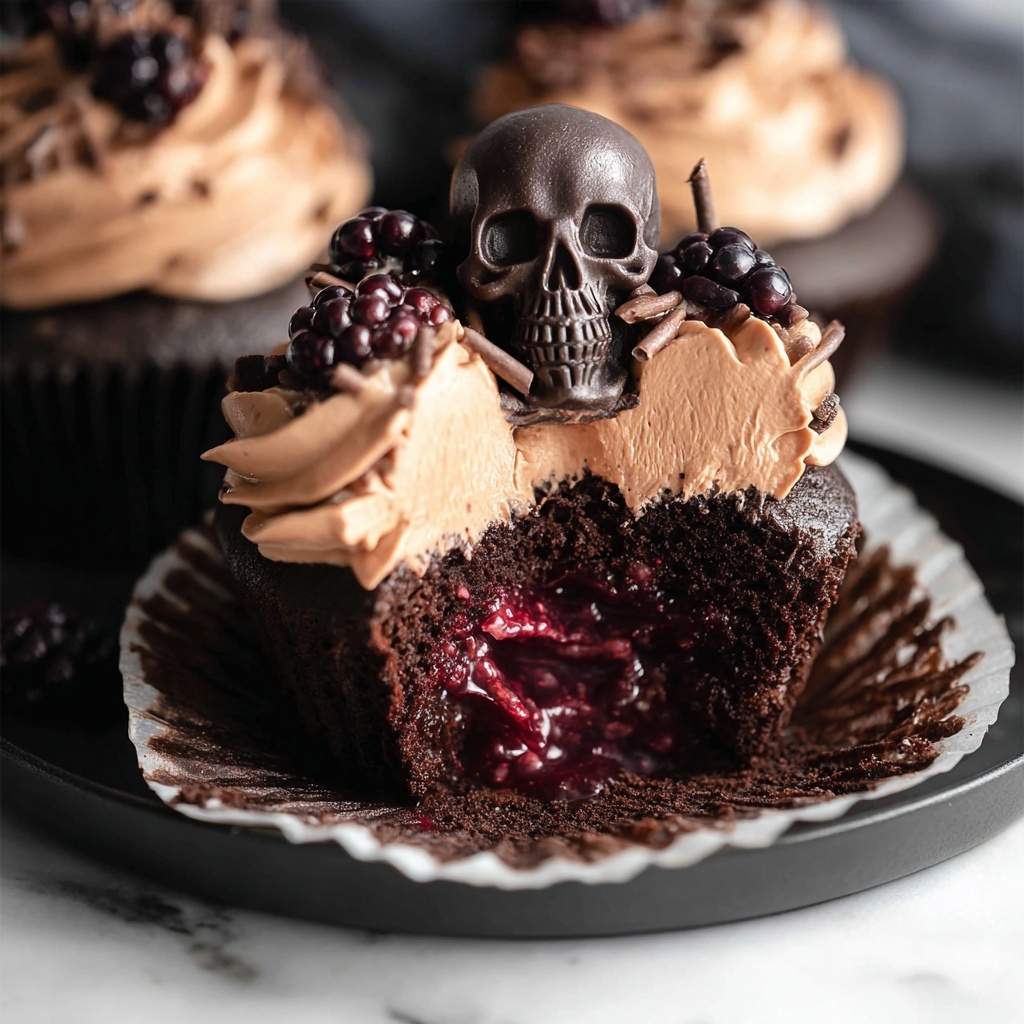 Vegan Halloween Cupcakes with Blackberry Filling and Chocolate Skull Toppers Recipe - Recipe Image
