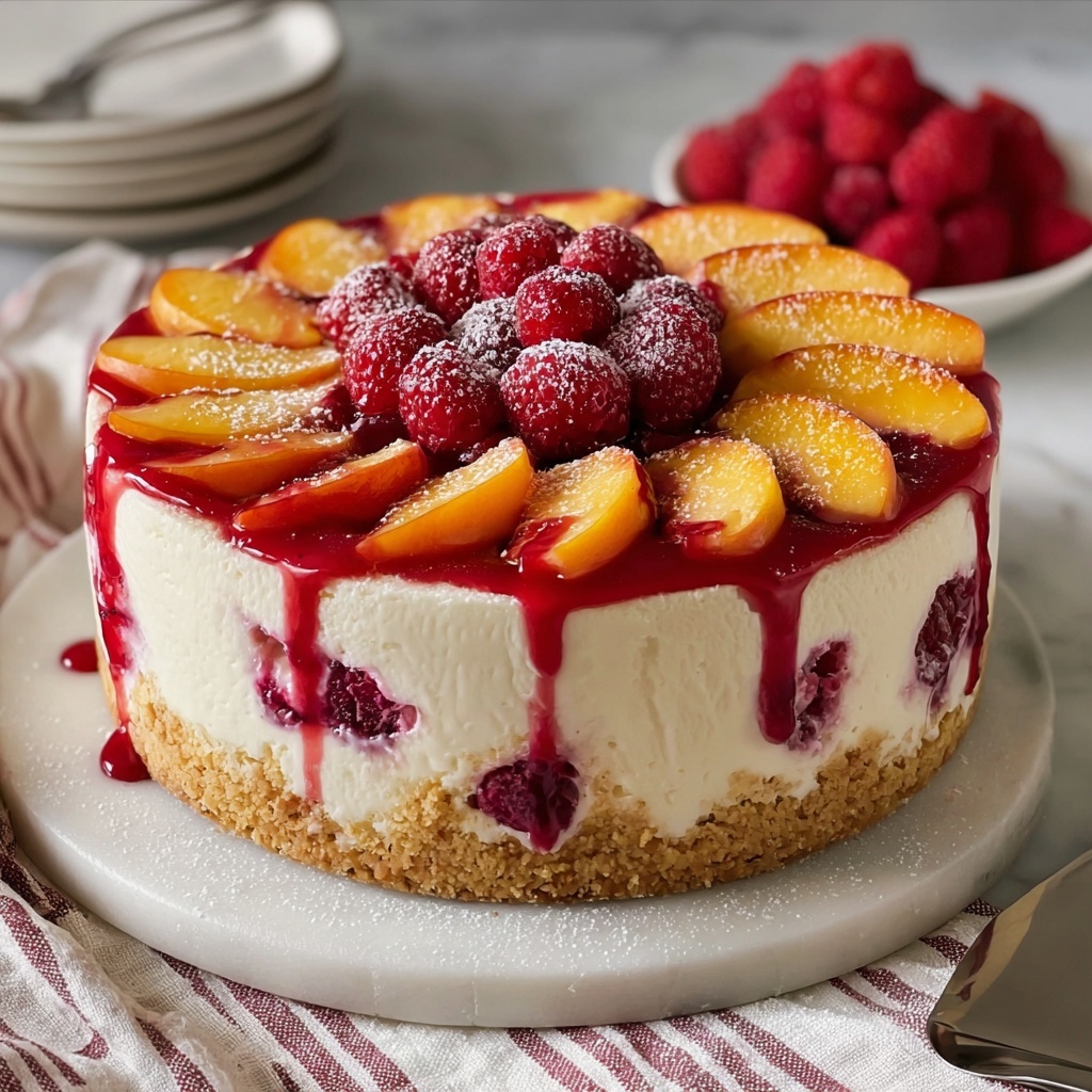 Summer Bliss Peach and Raspberry Cheesecake Delight Recipe - Recipe Image