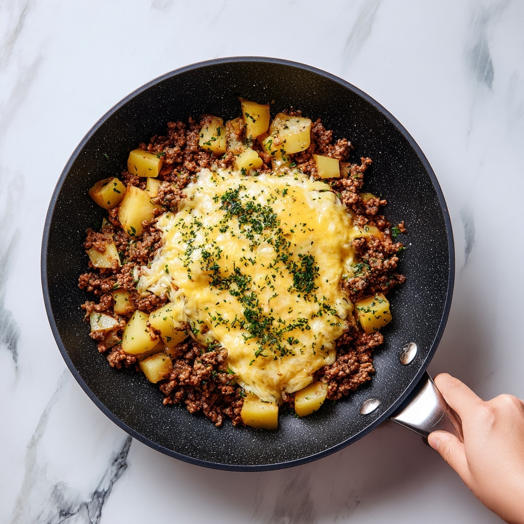 Cheesy One Pan Meat Potato Skillet Recipe - Recipe Image