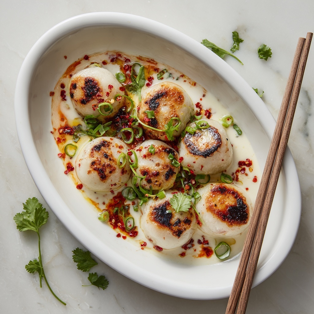 Baked Dumplings with Spicy Coconut Curry Sauce Recipe - Recipe Image