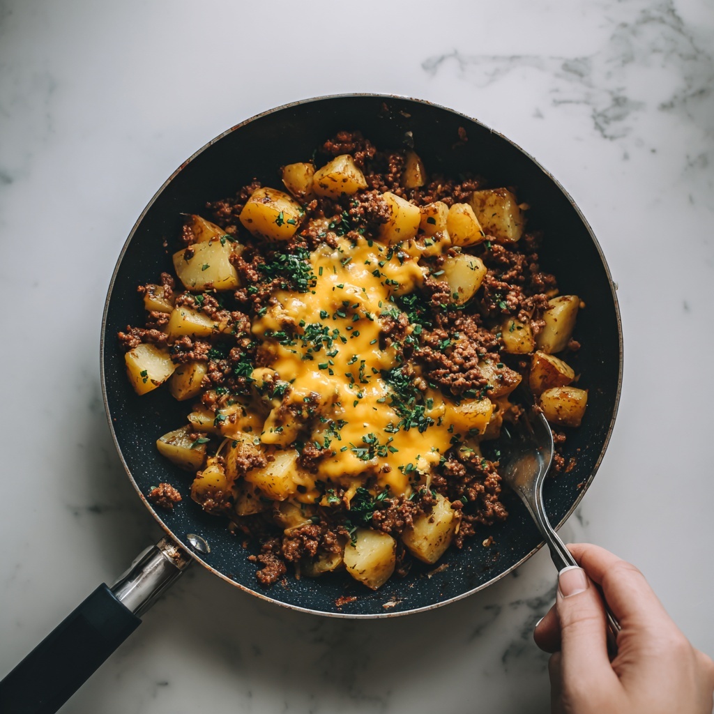 Cheesy One Pan Meat Potato Skillet Recipe - Recipe Image